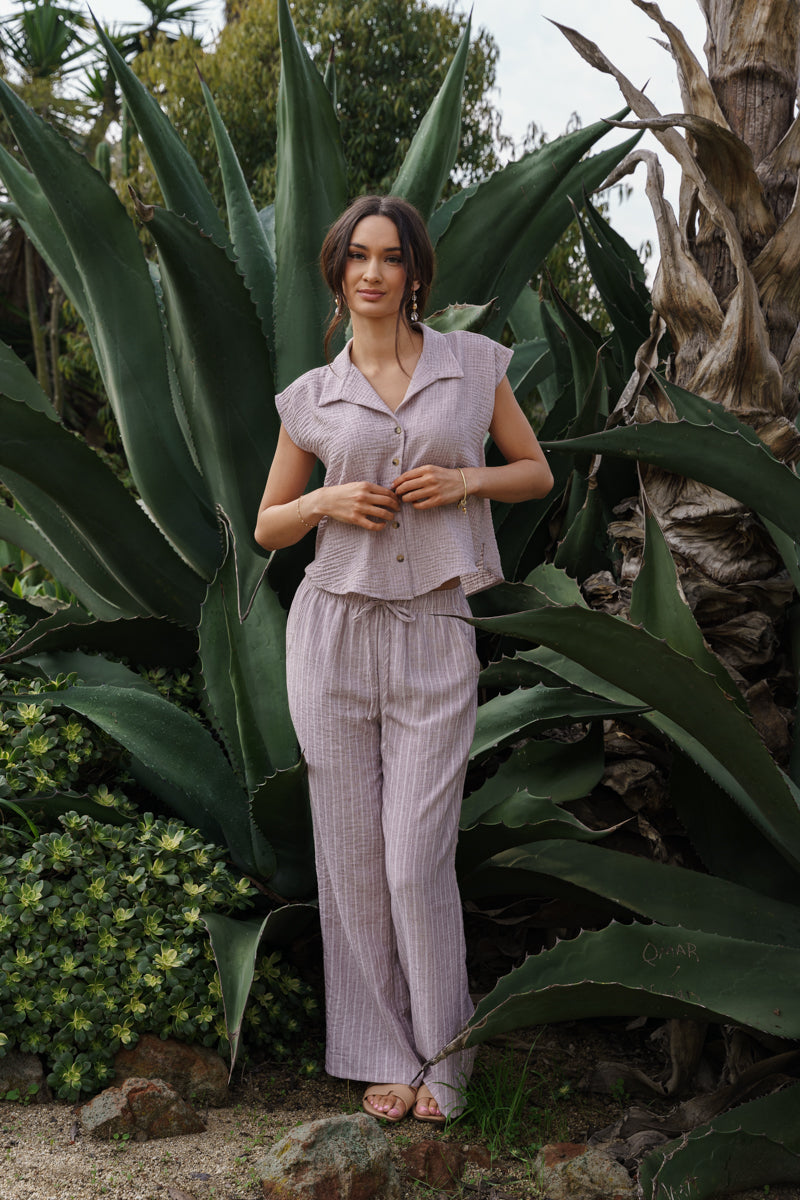 Short Sleeve Button Down Stripe Print Top Mocha