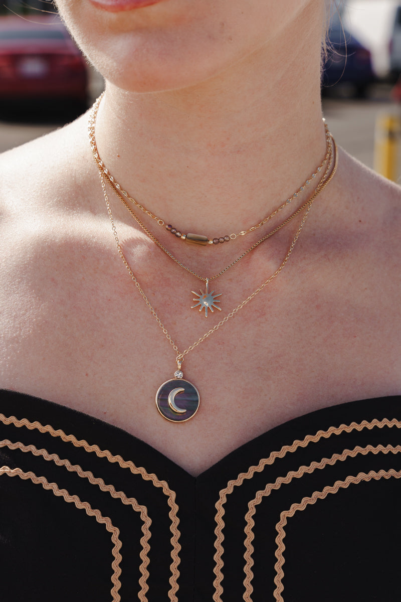 Triple Layered Celestial Pendant Necklace Gold