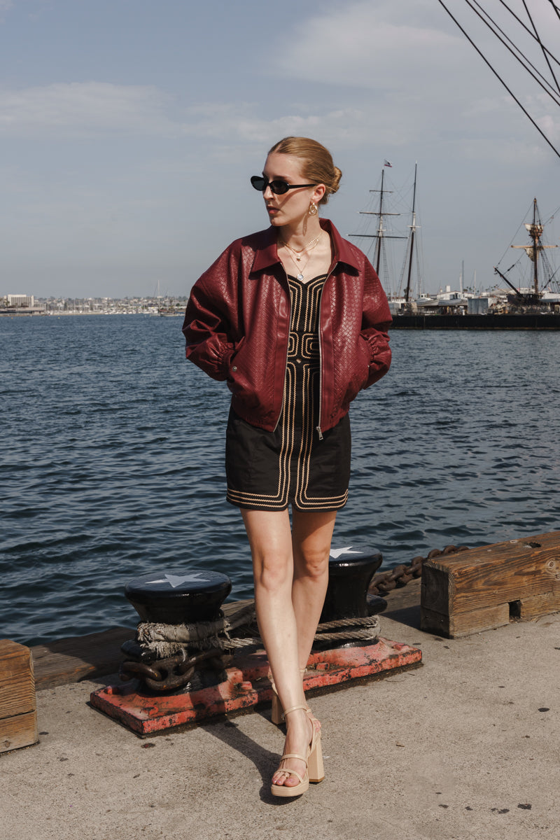 Erin Long Sleeve Zip Up Textured Faux Leather Bomber Jacket Burgundy