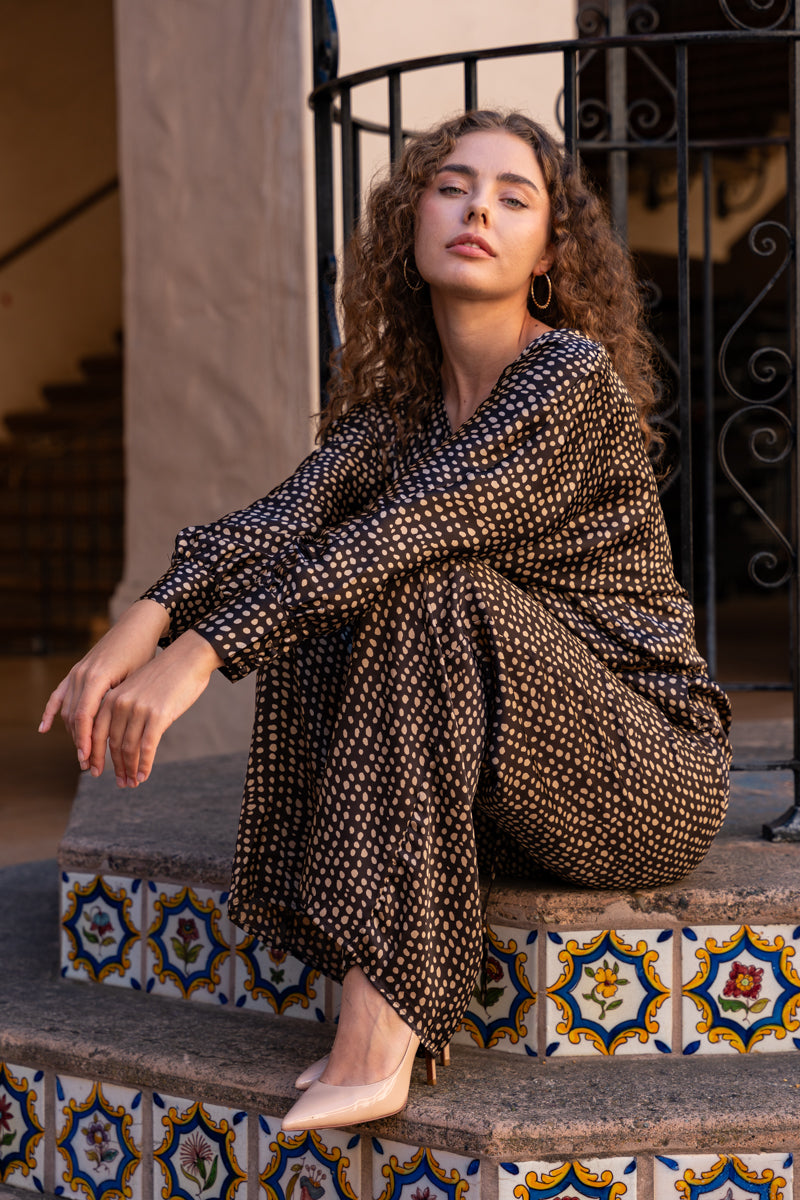  Long Sleeve Dot Print Top Brown