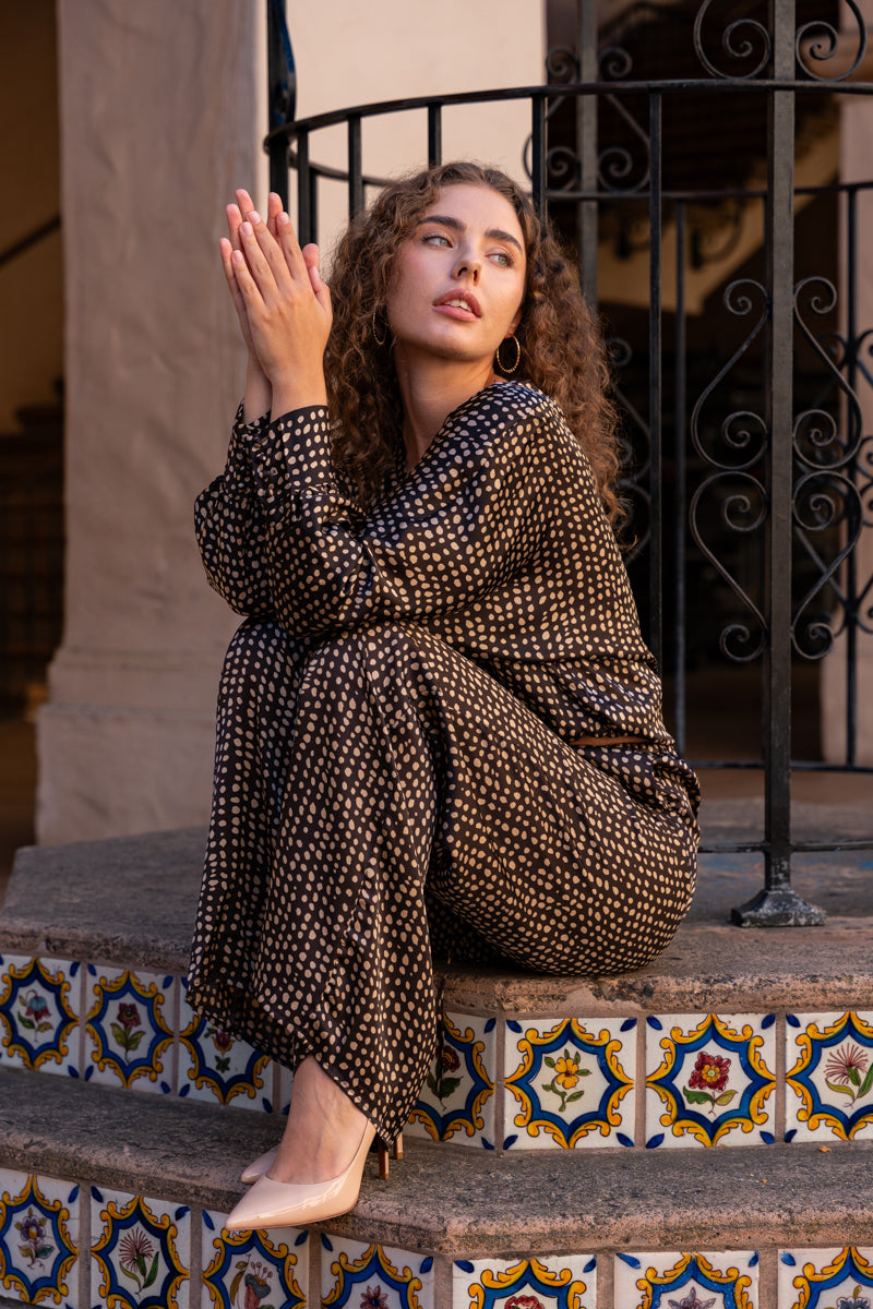 Drawstring Wide Leg Dot Pants Brown