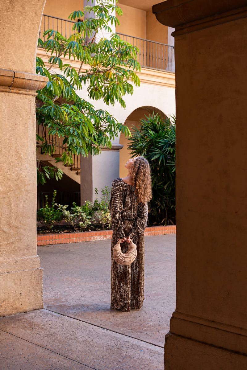 Drawstring Wide Leg Dot Pants Brown