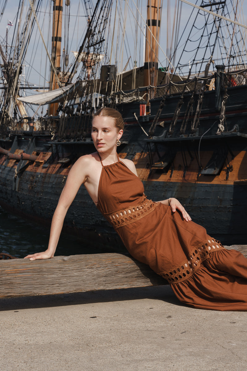 Sleeveless Sun Kissed Cutwork Lace Maxi Dress Brown