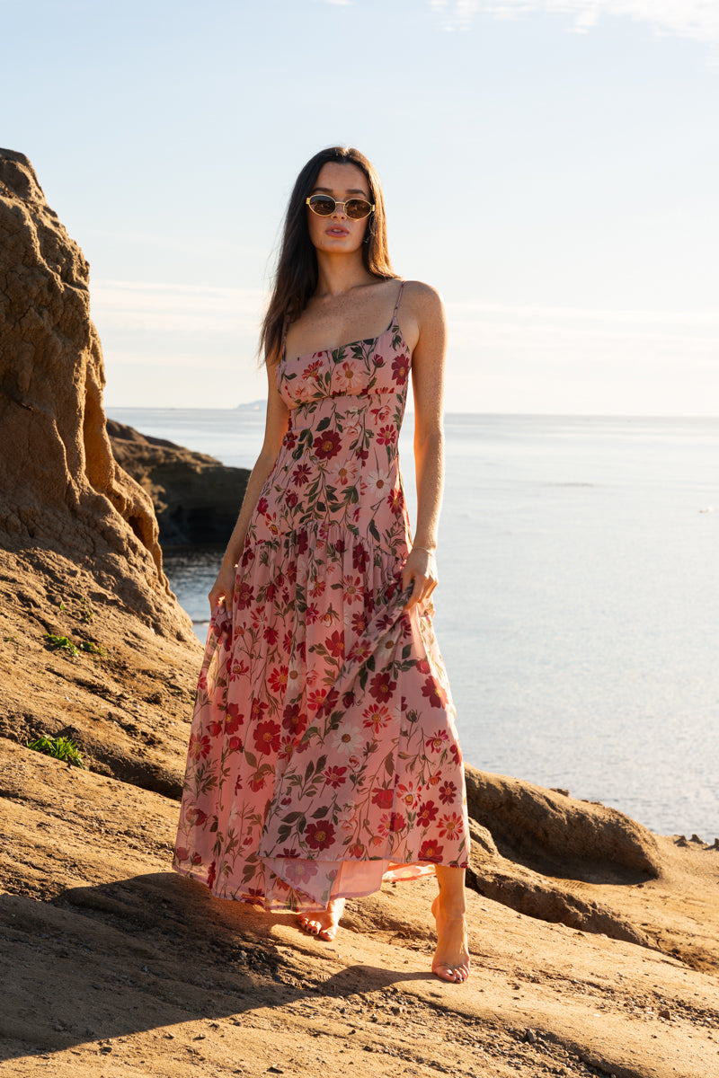 Sleeveless Floral Print Maxi Dress Pink