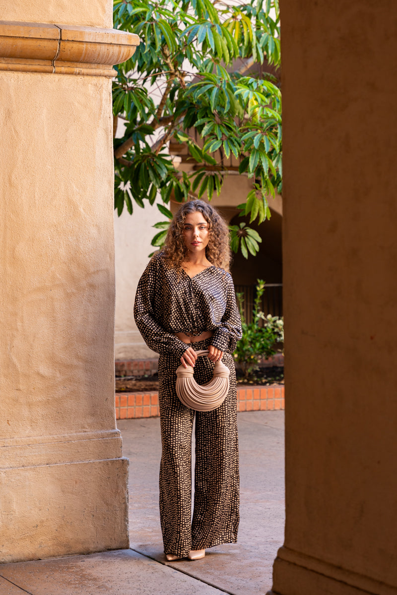 Drawstring Wide Leg Dot Pants Brown