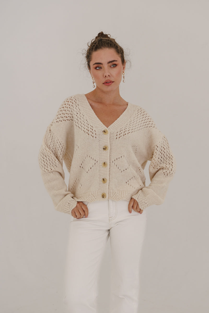 Long Sleeve Button Down Open Knit Cardigan Beige