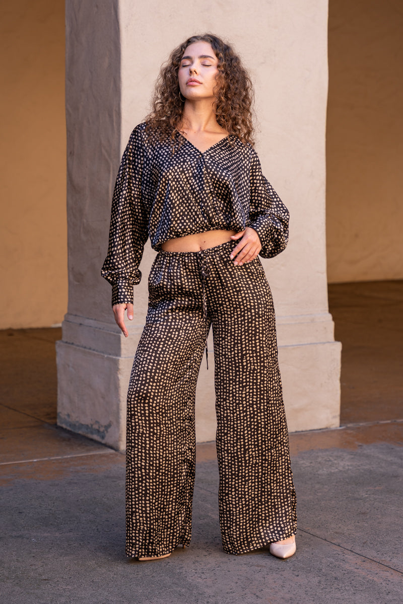  Long Sleeve Dot Print Top Brown