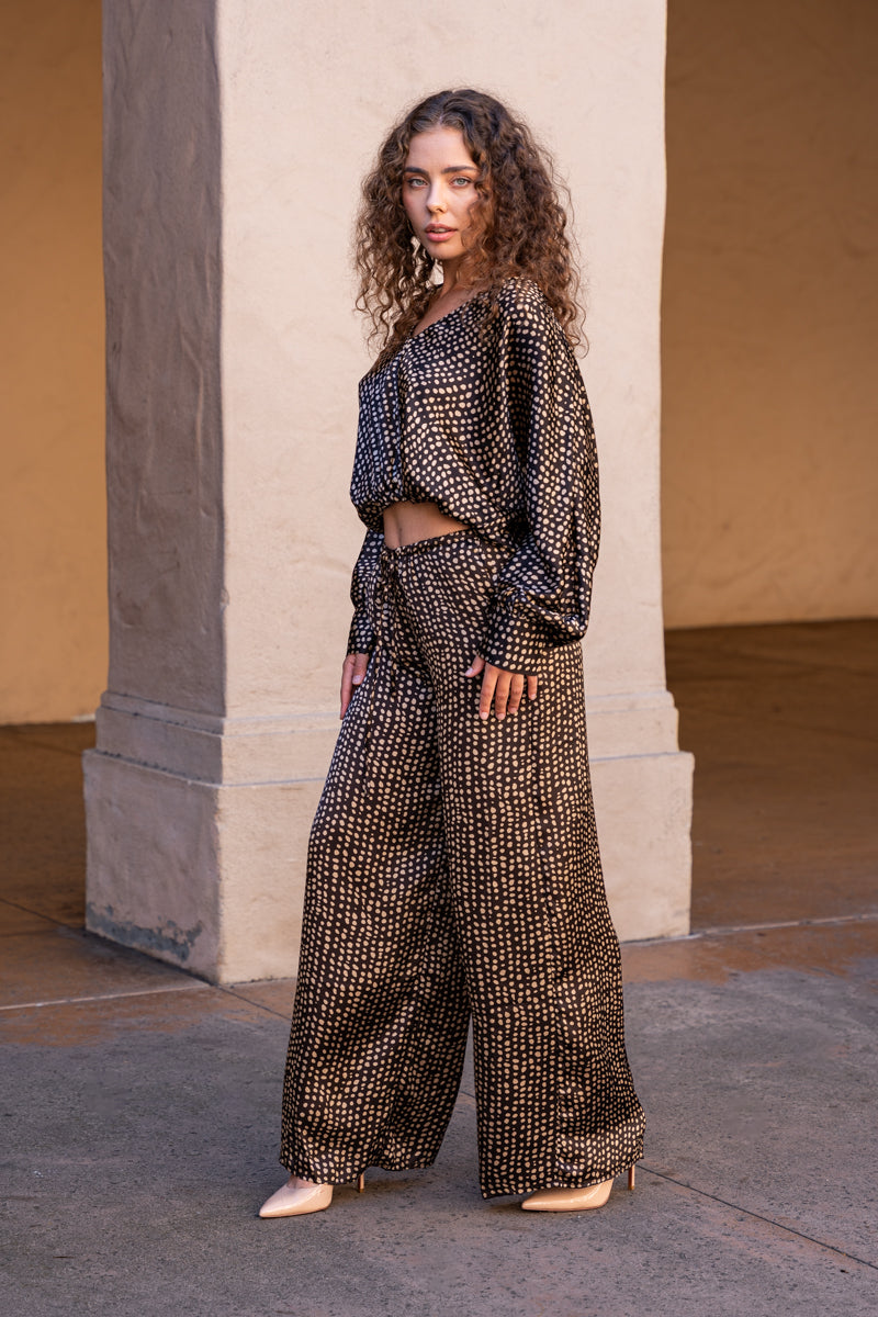  Long Sleeve Dot Print Top Brown