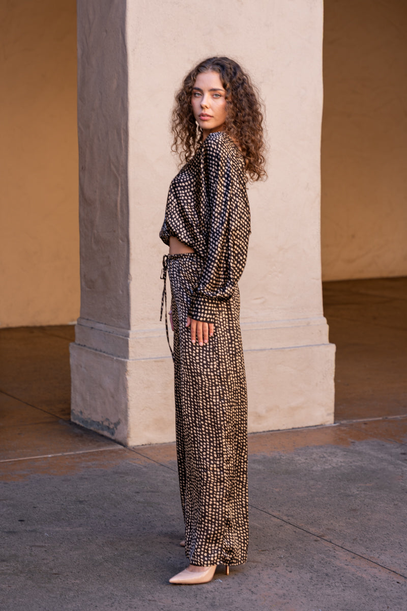 Drawstring Wide Leg Dot Pants Brown