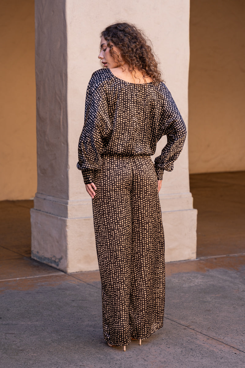  Long Sleeve Dot Print Top Brown