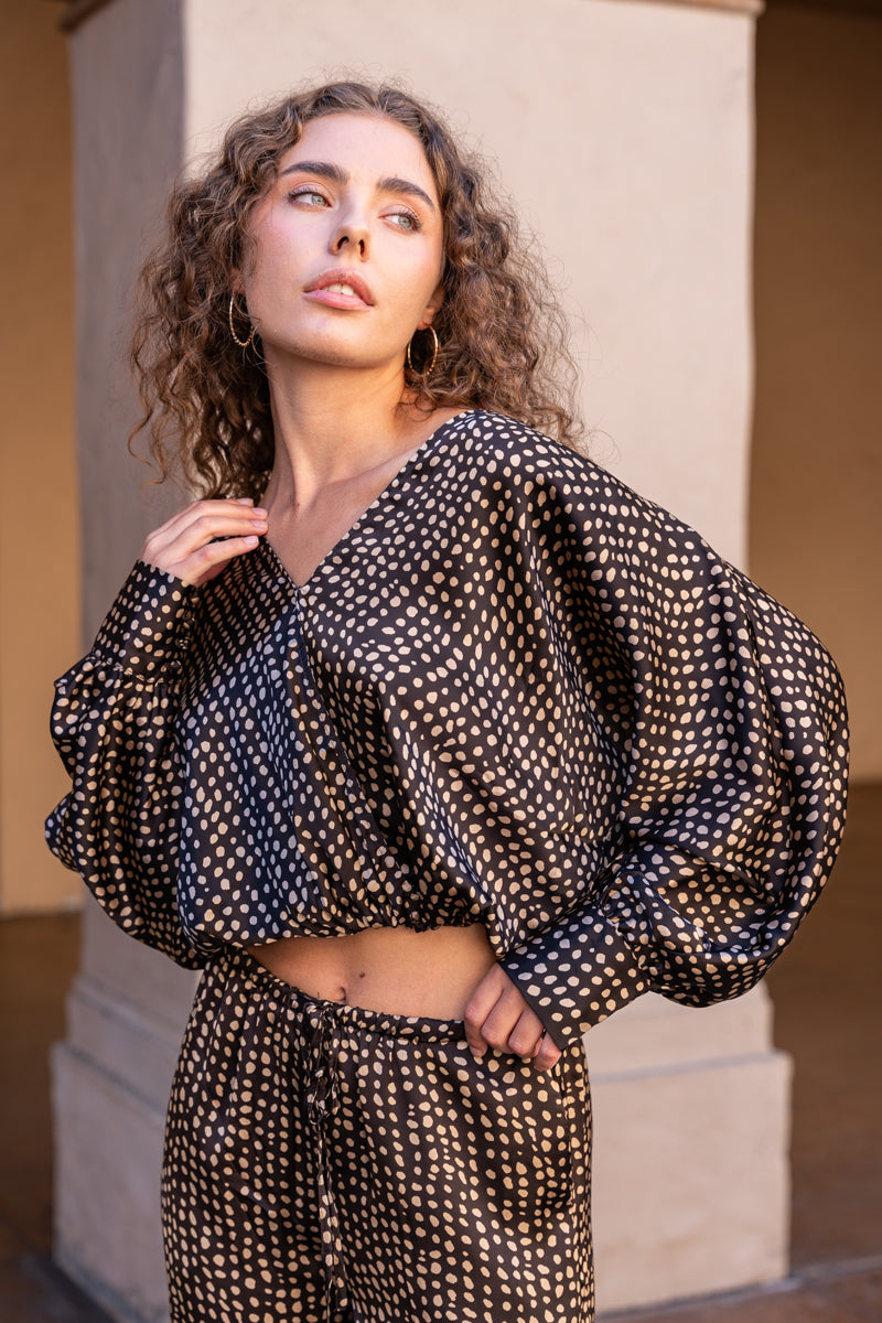  Long Sleeve Dot Print Top Brown