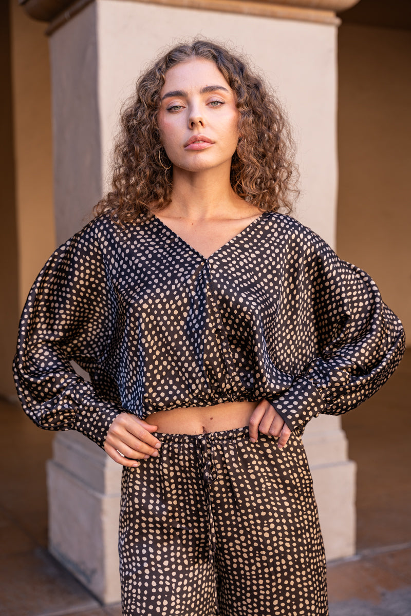  Long Sleeve Dot Print Top Brown