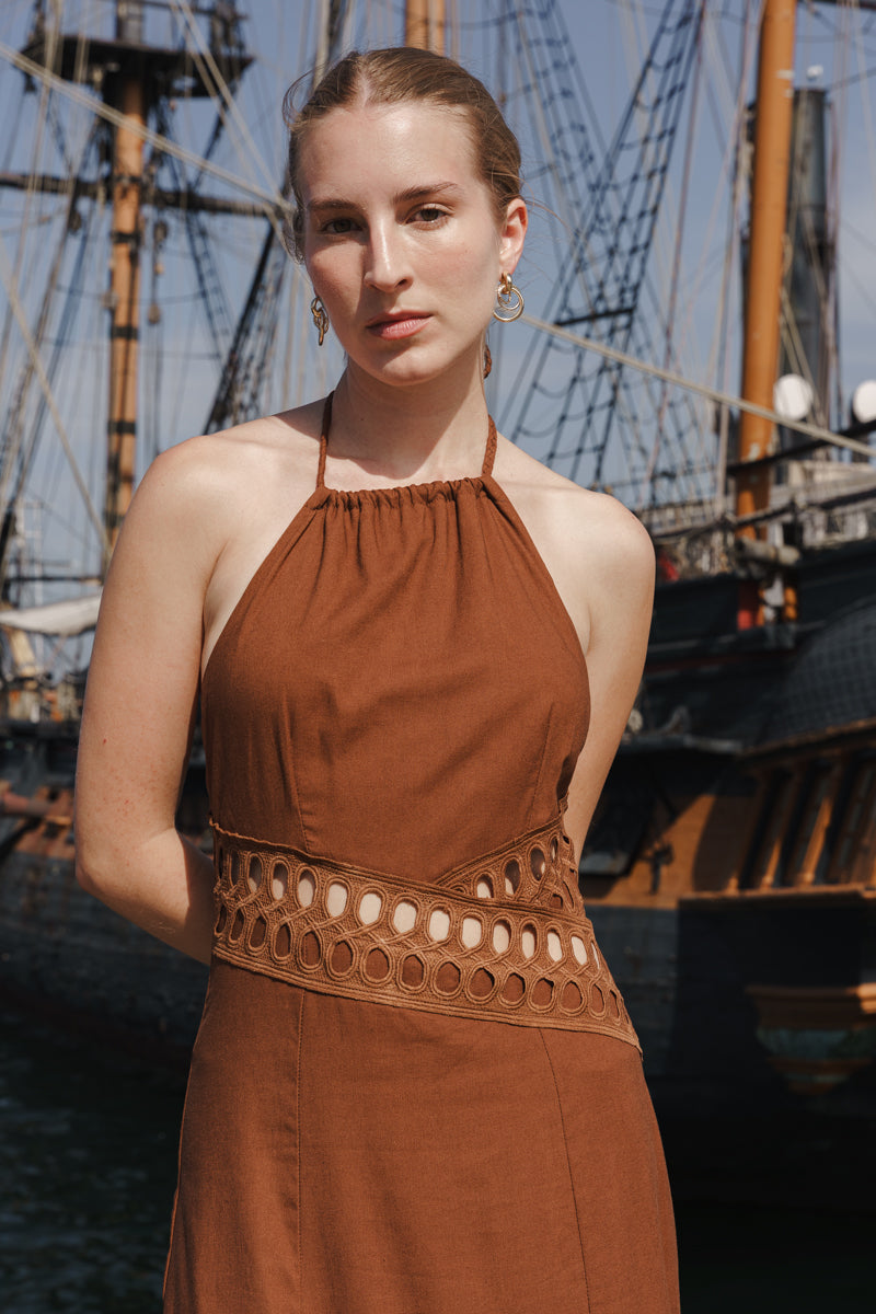 Sleeveless Sun Kissed Cutwork Lace Maxi Dress Brown