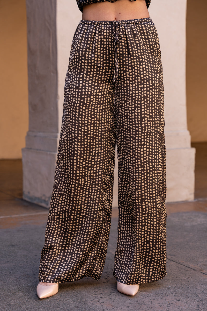 Drawstring Wide Leg Dot Pants Brown