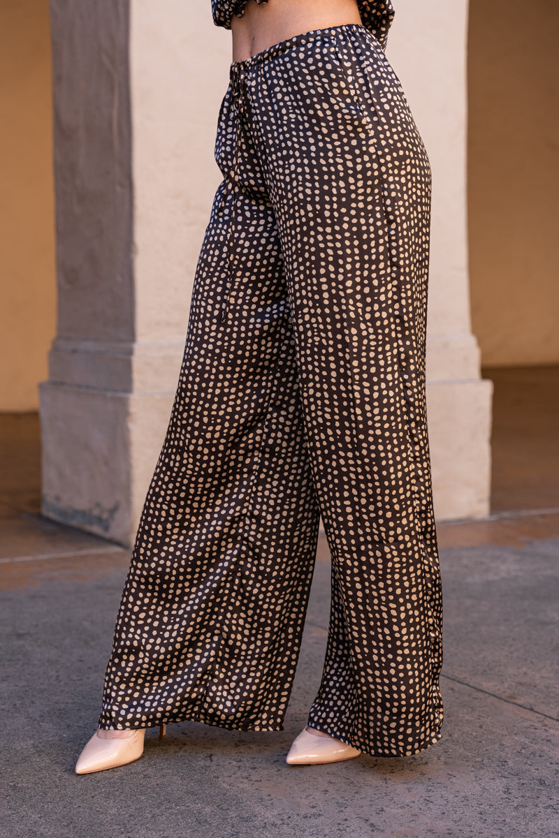 Drawstring Wide Leg Dot Pants Brown