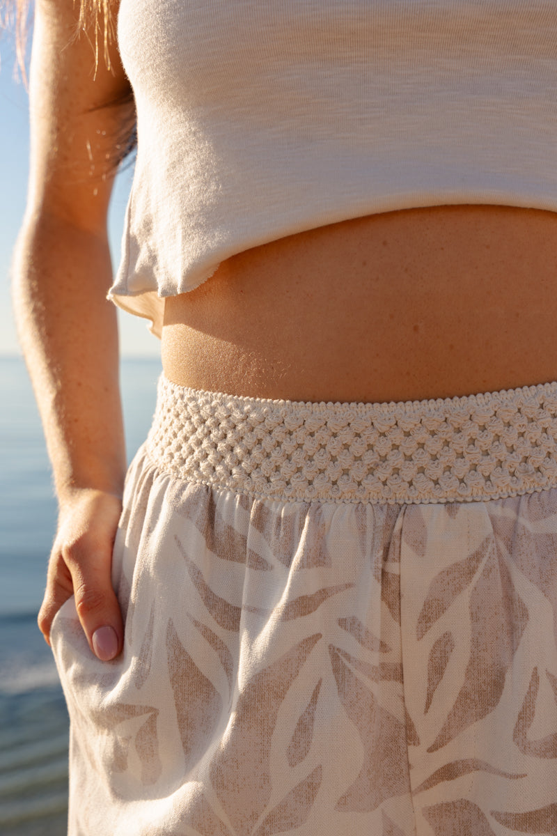 Knit Waist Wide Leg Tropical Print Pants Taupe