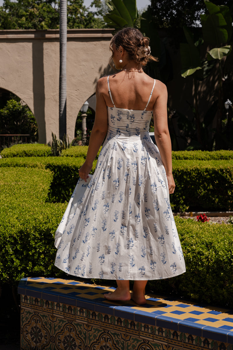 Kiernan Sleeveless A-Line Floral Print Midi Dress Blue SMALL