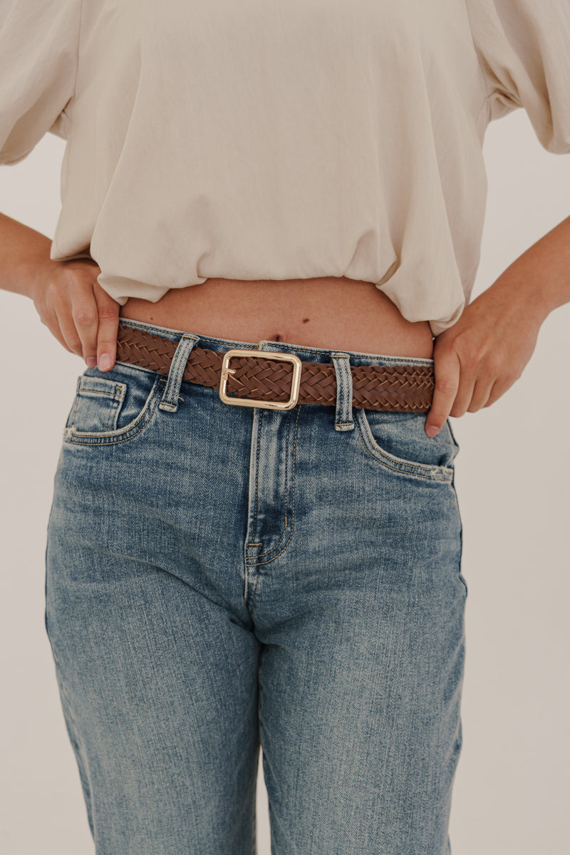 Oval Metal Buckle Braided Vegan Leather Belt Brown
