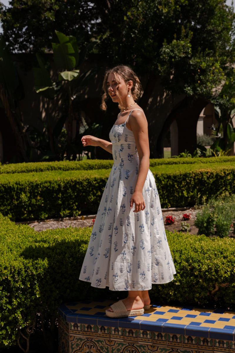 Kiernan Sleeveless A-Line Floral Print Midi Dress Blue SMALL