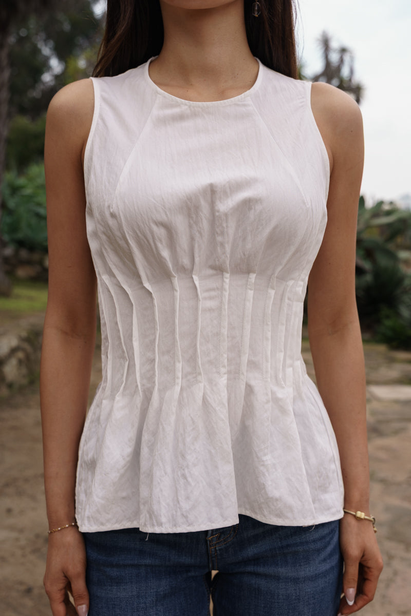 Sleeveless Pleated Peplum Top White