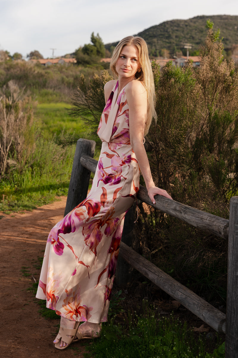 halter spring dress Rowan Sleeveless Floral Print Maxi Pink SMALL Full-Sizes-All-Seasons