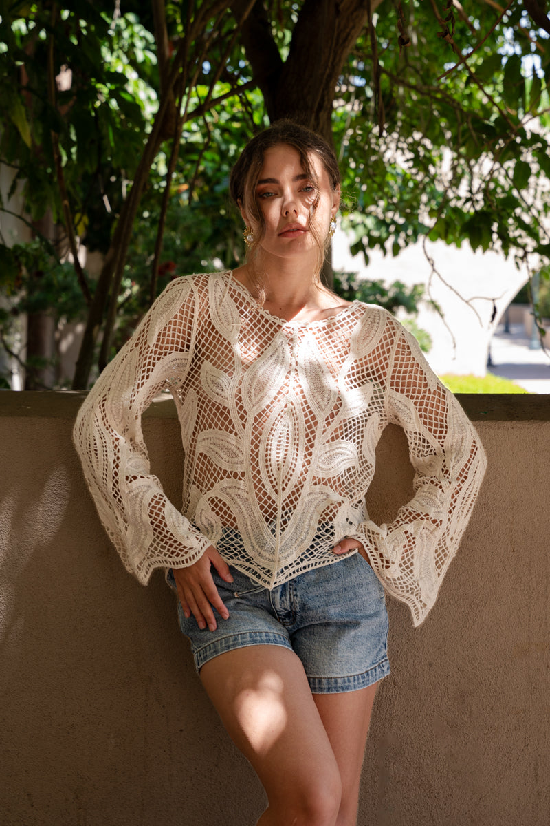 Long Sleeve Crochet Knit Top Natural