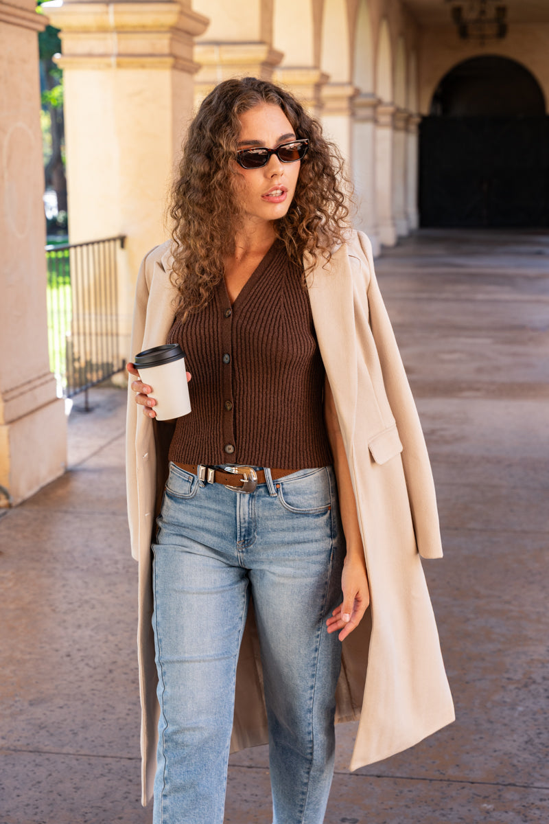 Long Sleeve Notched Lapel Coat Beige