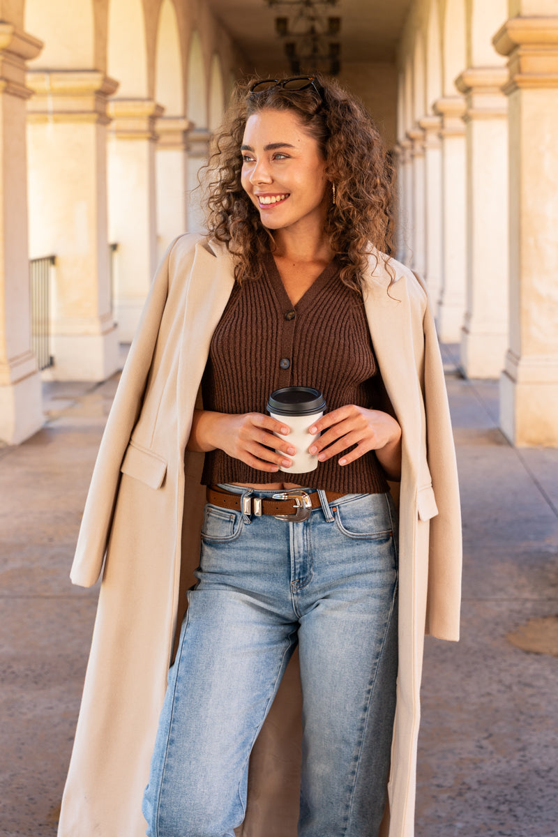 Long Sleeve Notched Lapel Coat Beige