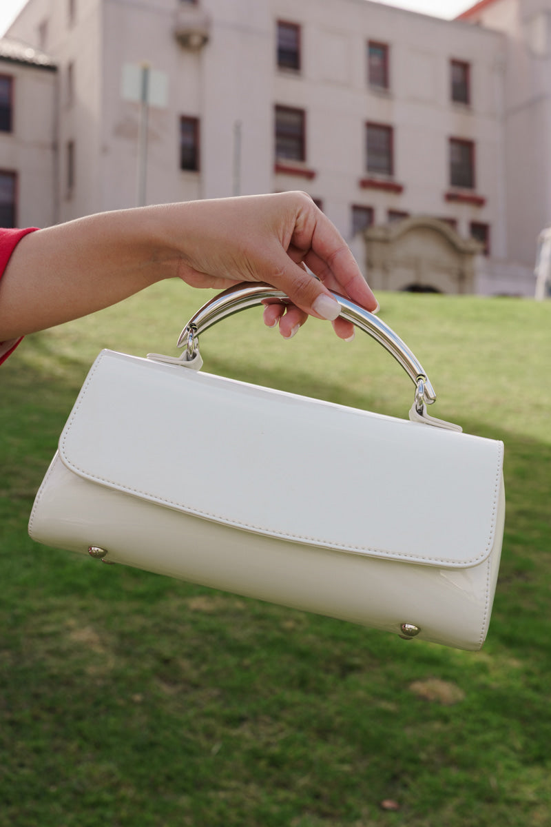 Faux Leather Metal Handle Clutch Ivory