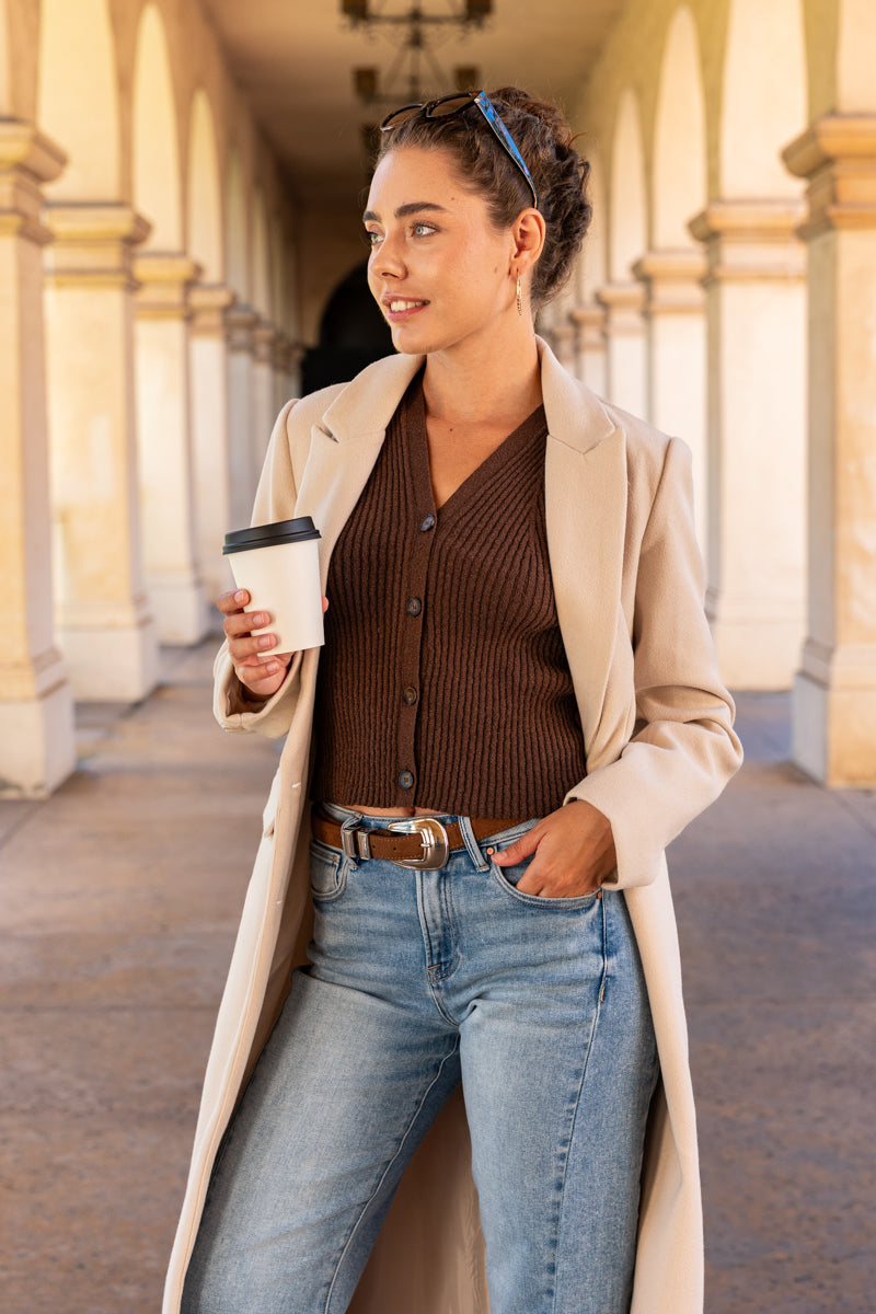 Faux Suede Rectangle Buckle Belt Brown