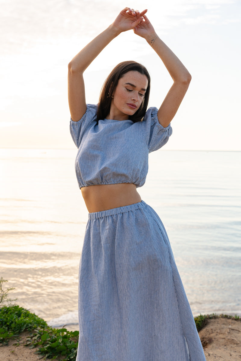 Short Sleeve Crop Top And Stripe Print Maxi Skirt Set Blue