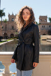 Long Sleeve Vegan Leather Waist Tie Jacket Black