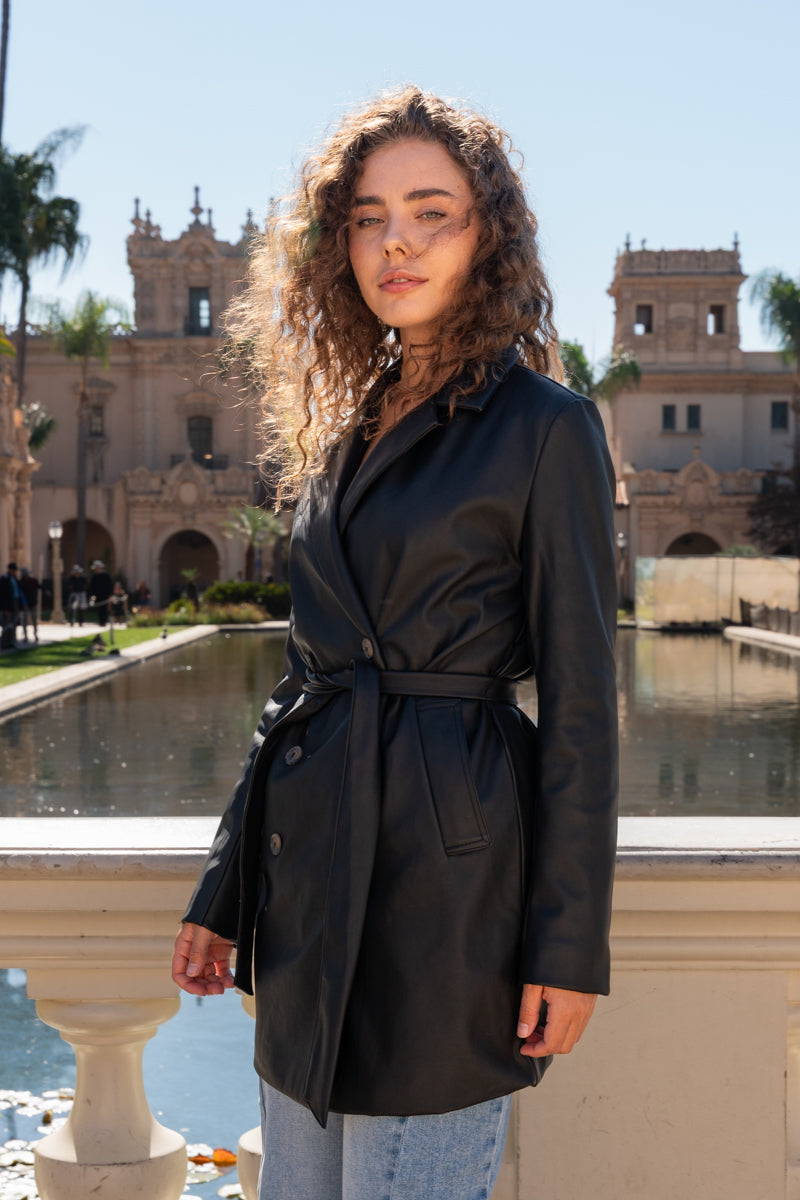 Long Sleeve Vegan Leather Waist Tie Jacket Black