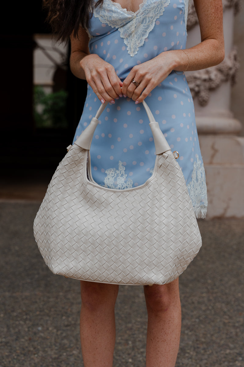 Top Handle Faux Leather Woven Handbag Cream