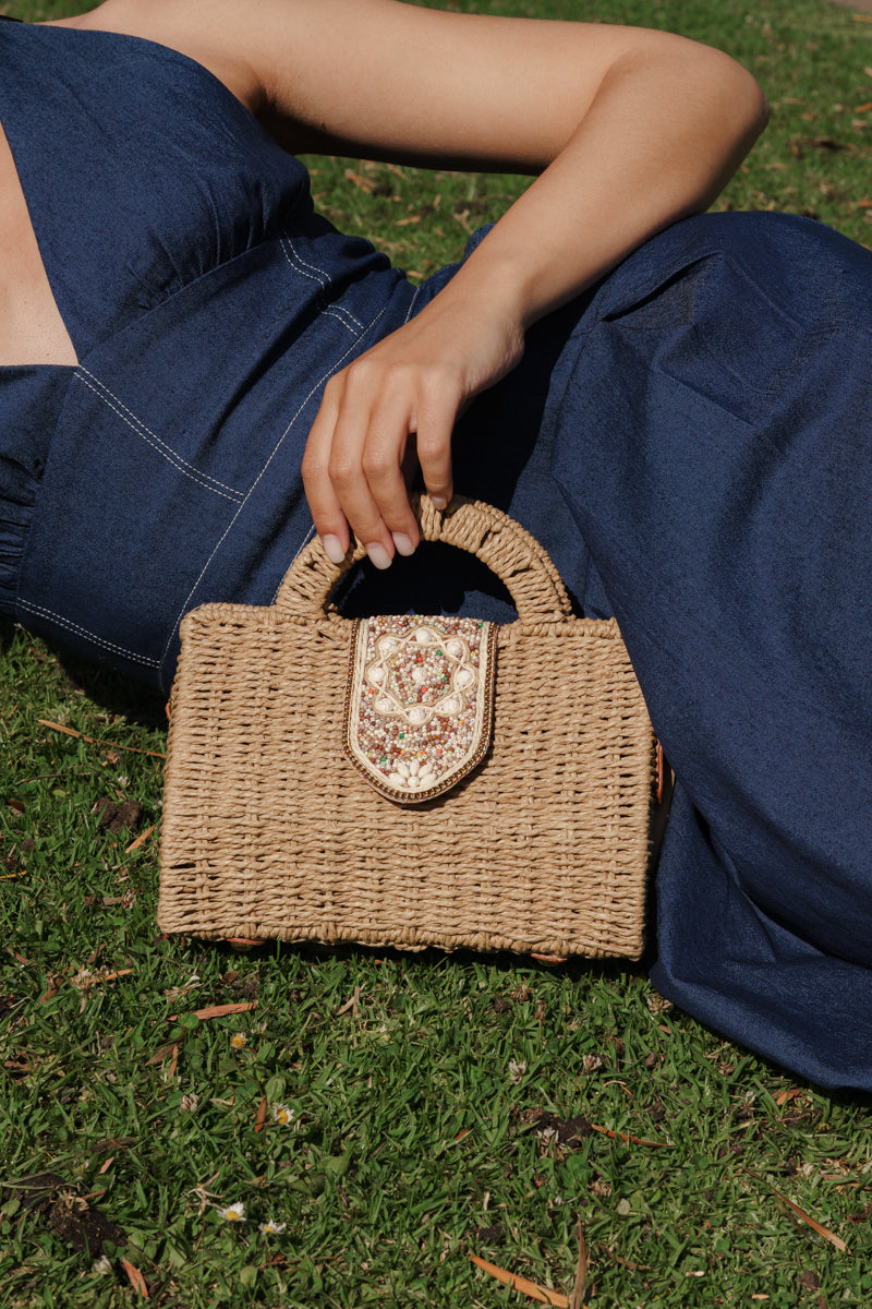 Woven Straw Beaded Top Handle Handbag Natural