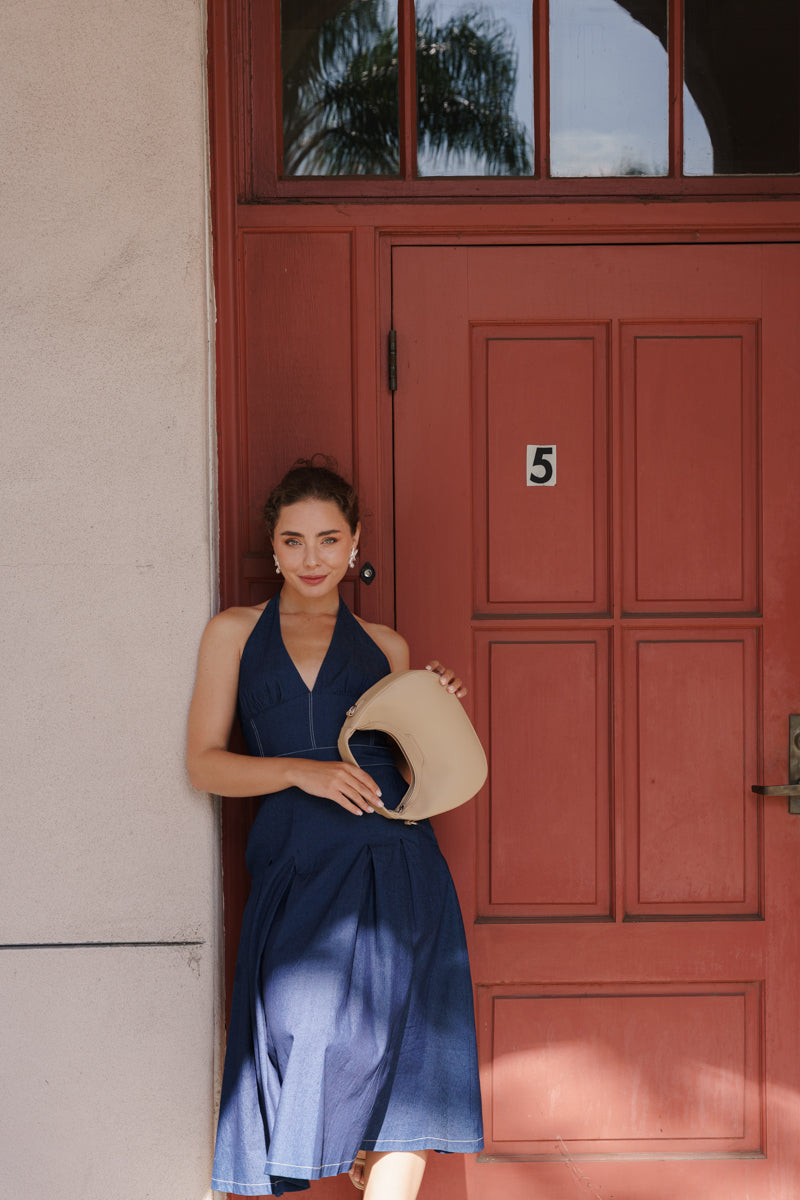 denim halter midi dress Tailored Denim Halter Neck Pencil Midi Dress