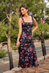 Sleeveless Open Back Tie Floral Print Midi Dress Navy
