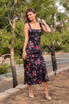 Sleeveless Open Back Tie Floral Print Midi Dress Navy