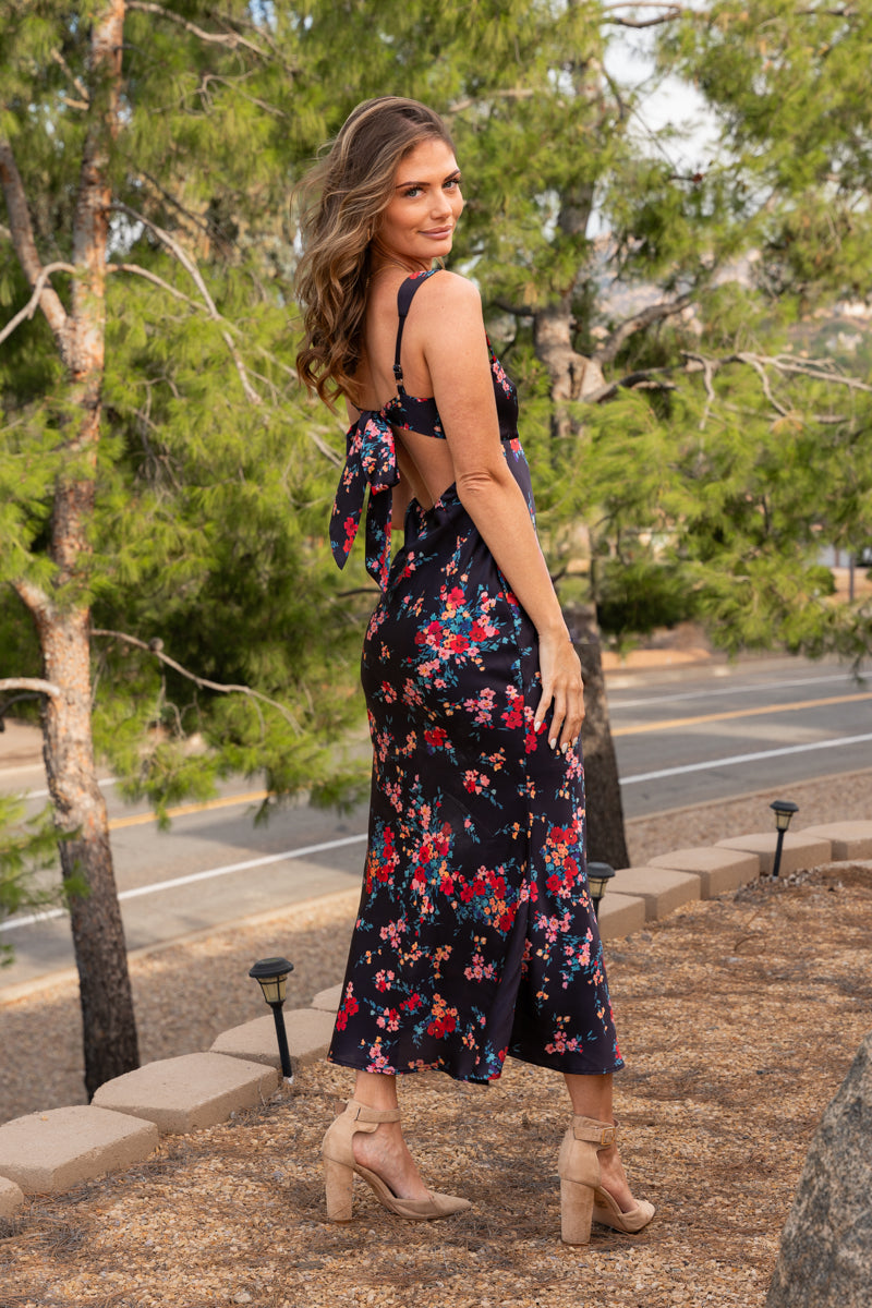 Sleeveless Open Back Tie Floral Print Midi Dress Navy