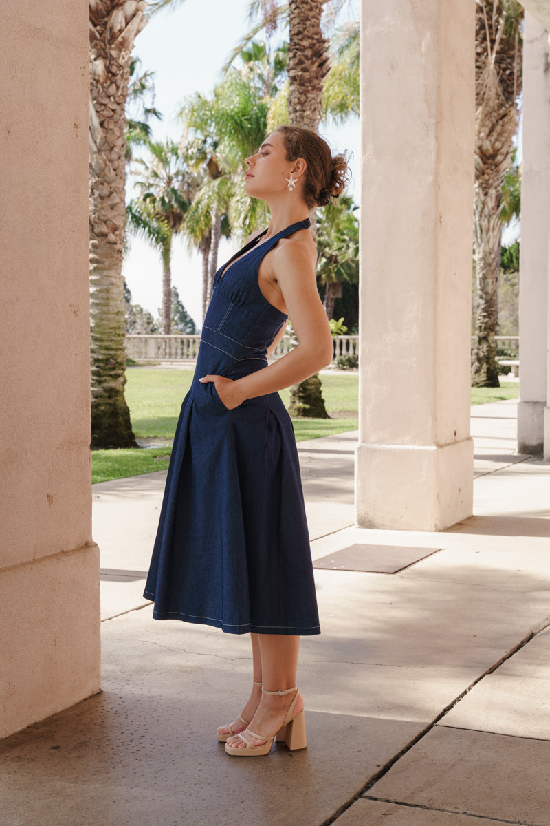 denim halter midi dress Caterina Sleeveless Halter Denim Midi Dress Dark Wash SMALL