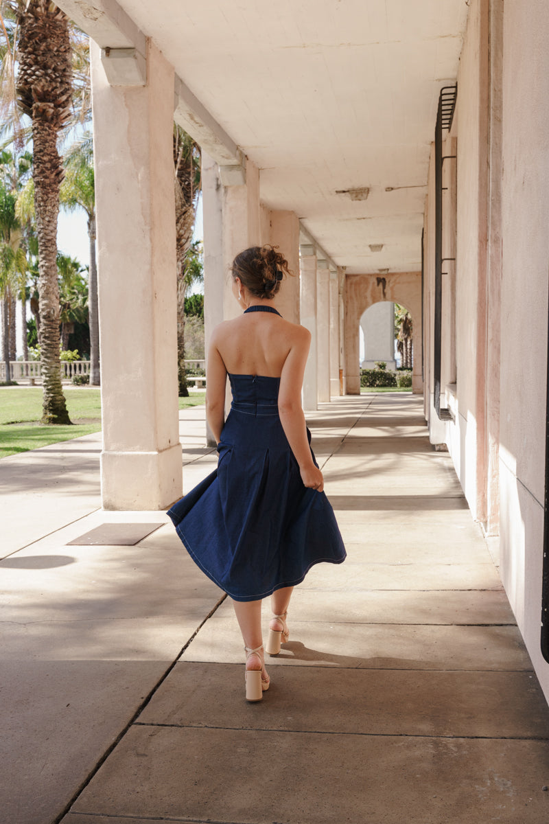 Caterina Sleeveless Halter Denim Midi Dress Dark Wash SMALL