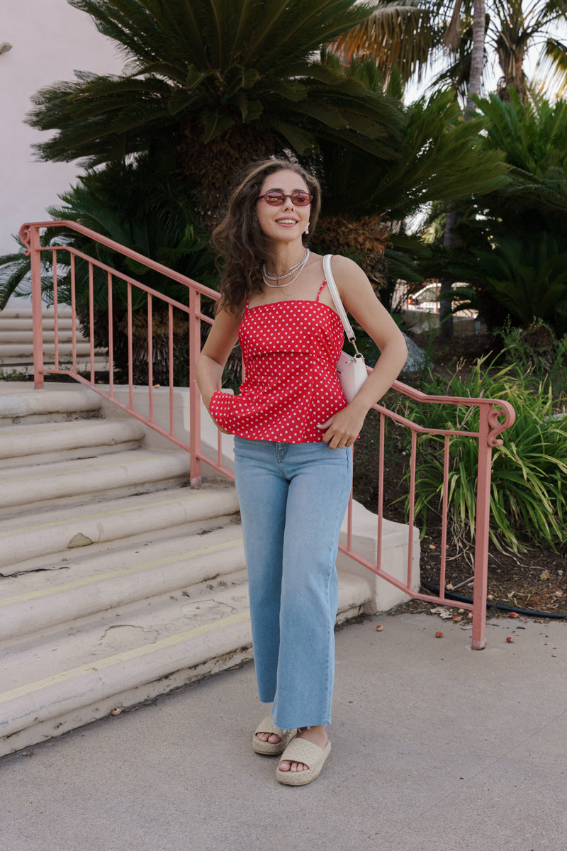 Sleeveless Polka Dot Print Peplum Top Blue Red