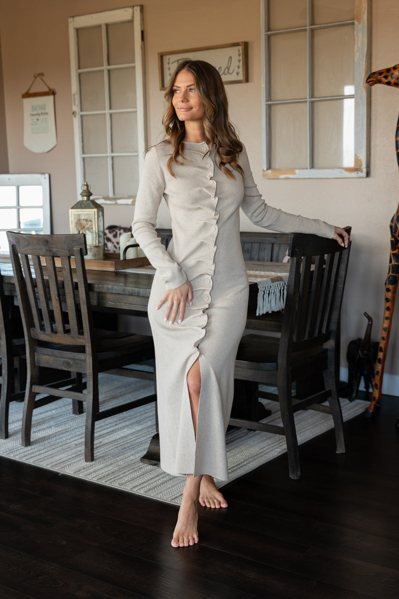 Long Sleeve Pleated Button Down Knit Midi Dress Taupe