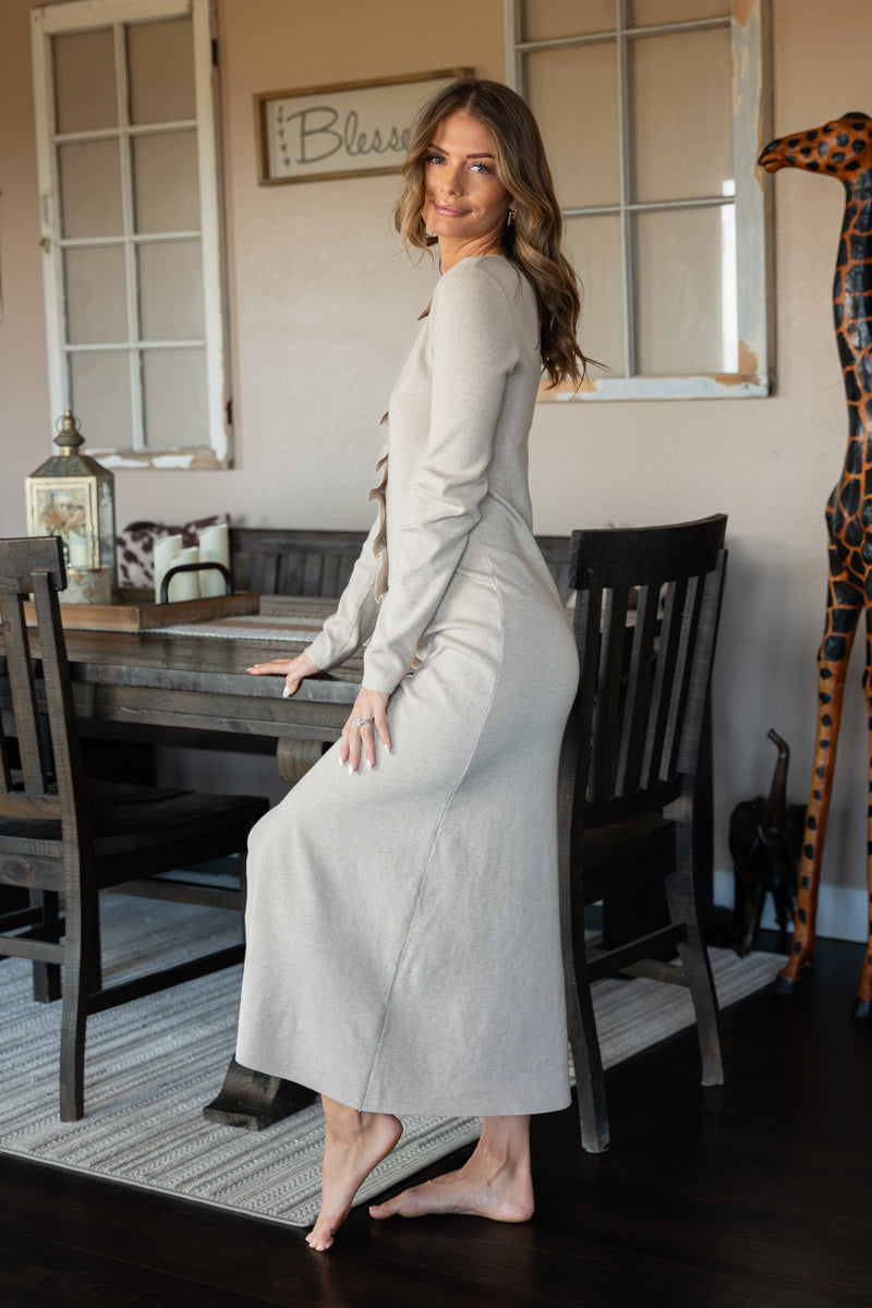 Long Sleeve Pleated Button Down Knit Midi Dress Taupe