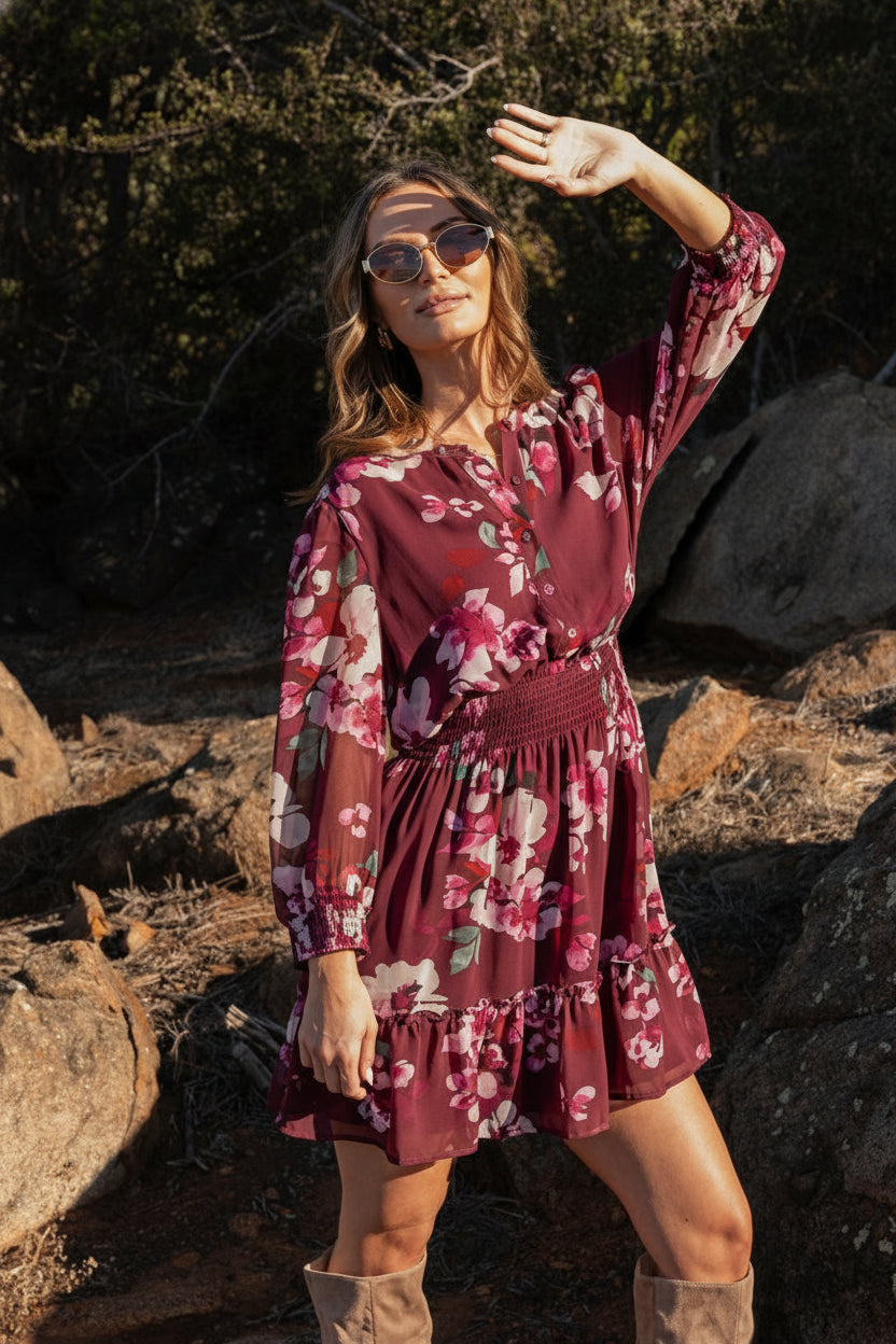 3/4 Sleeve Floral Print Mini Dress Burgundy