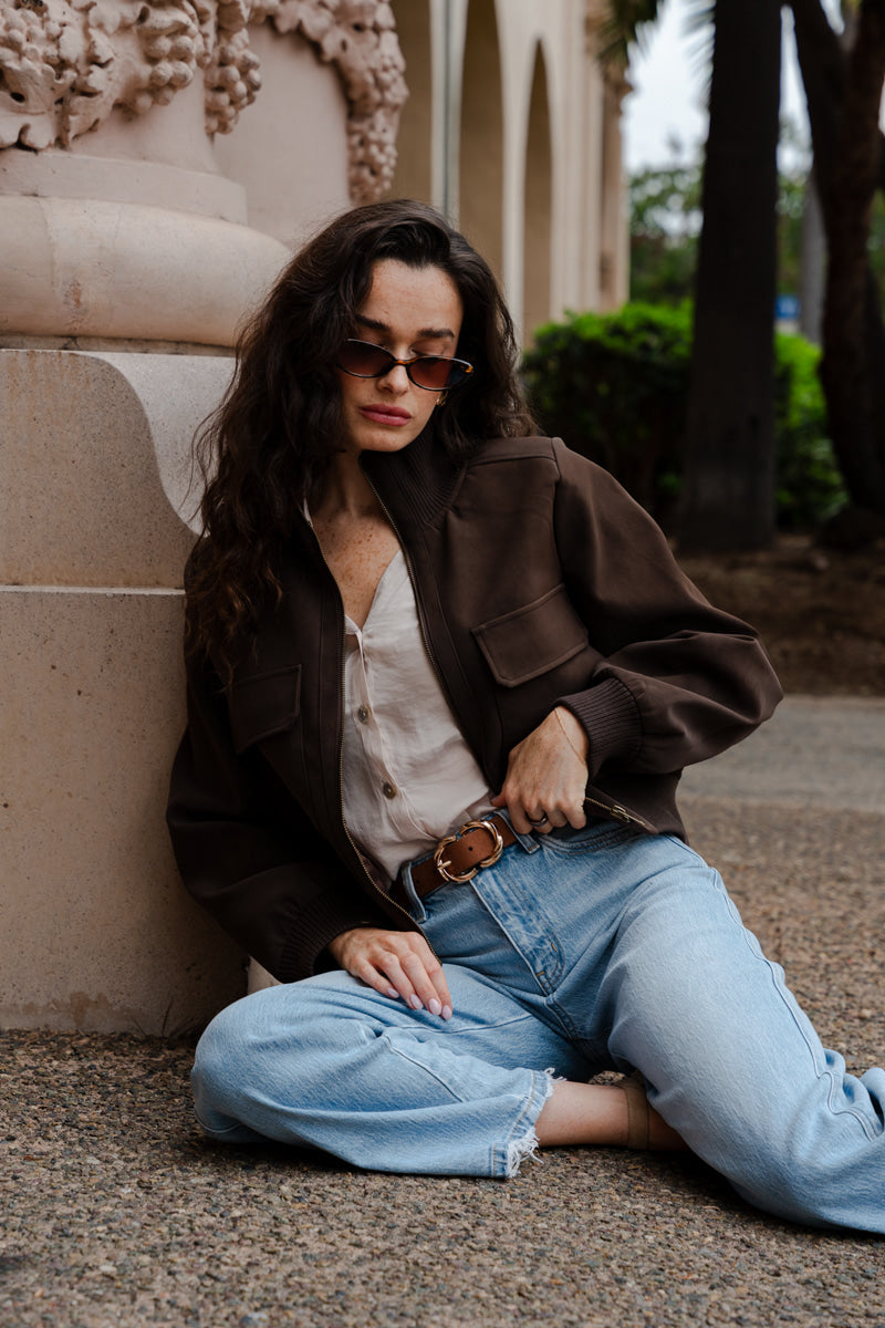  Long Sleeve Zip Up Faux Suede Bomber Jacket Brown