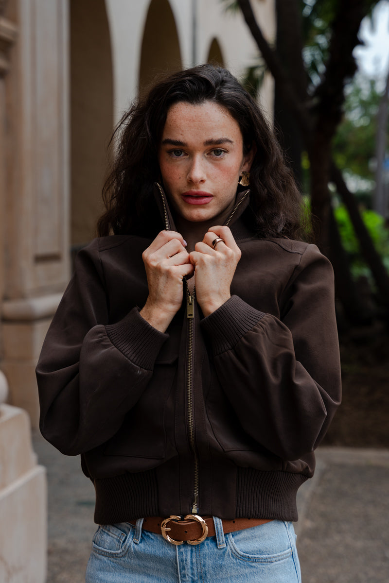  Long Sleeve Zip Up Faux Suede Bomber Jacket Brown