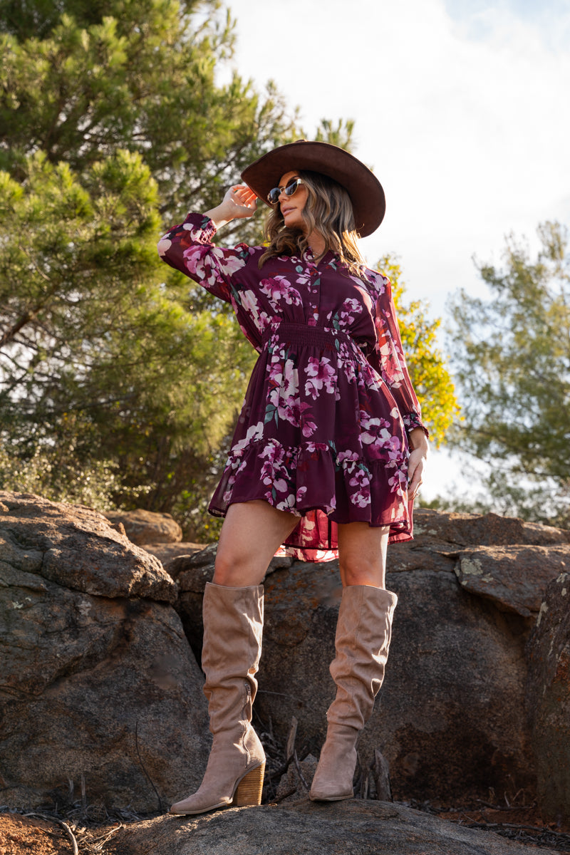 3/4 Sleeve Floral Print Mini Dress Burgundy