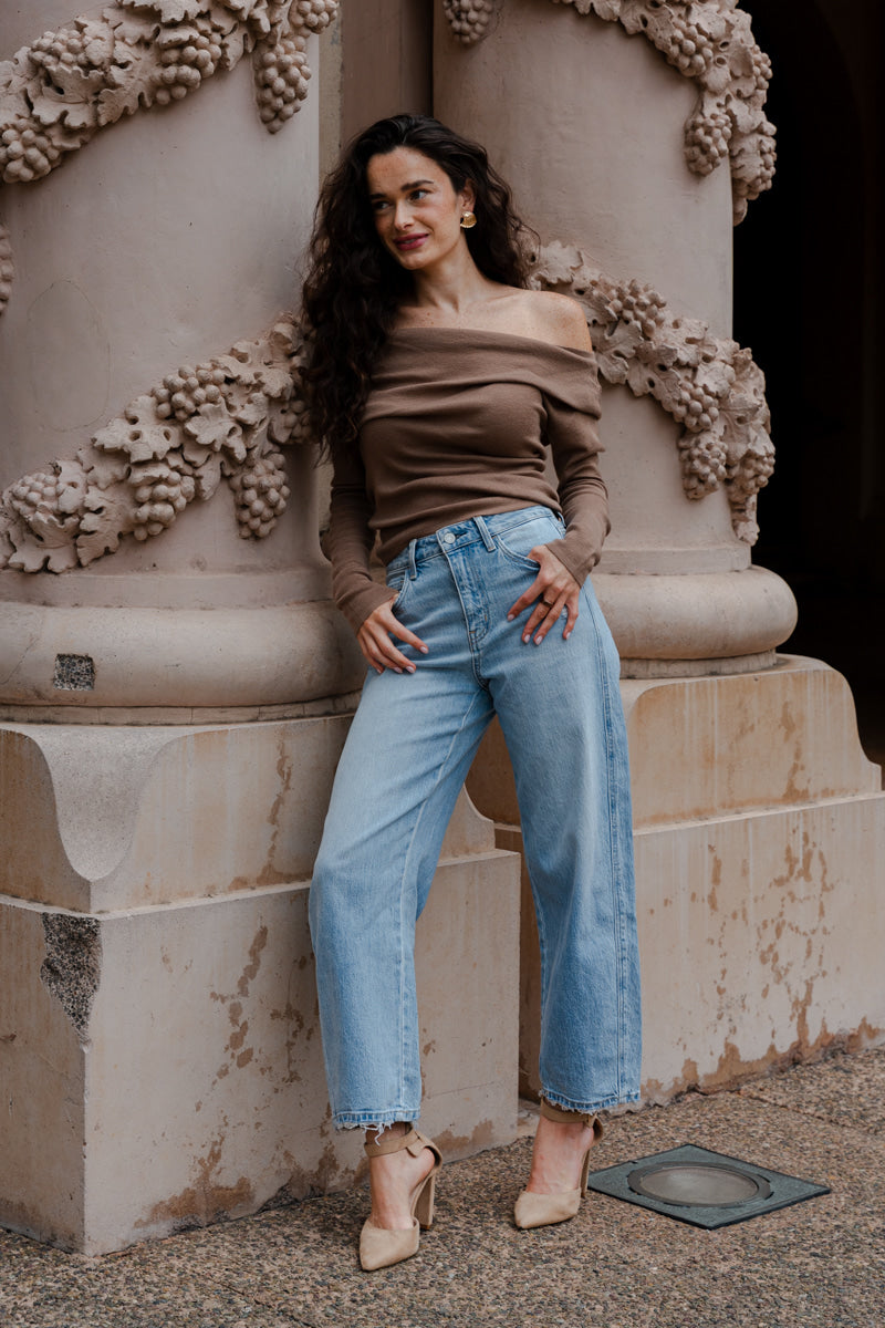 One Shoulder Long Sleeve Asymmetrical Knit Top Brown