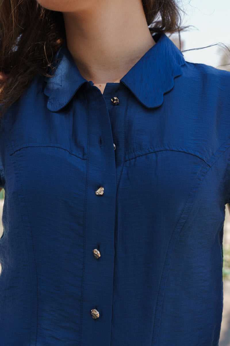 Short Sleeve Button Down Top Navy